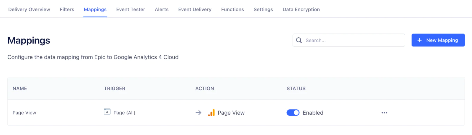 Interface showing data mapping from Epic to Google Analytics 4 Cloud with Page View trigger and action.