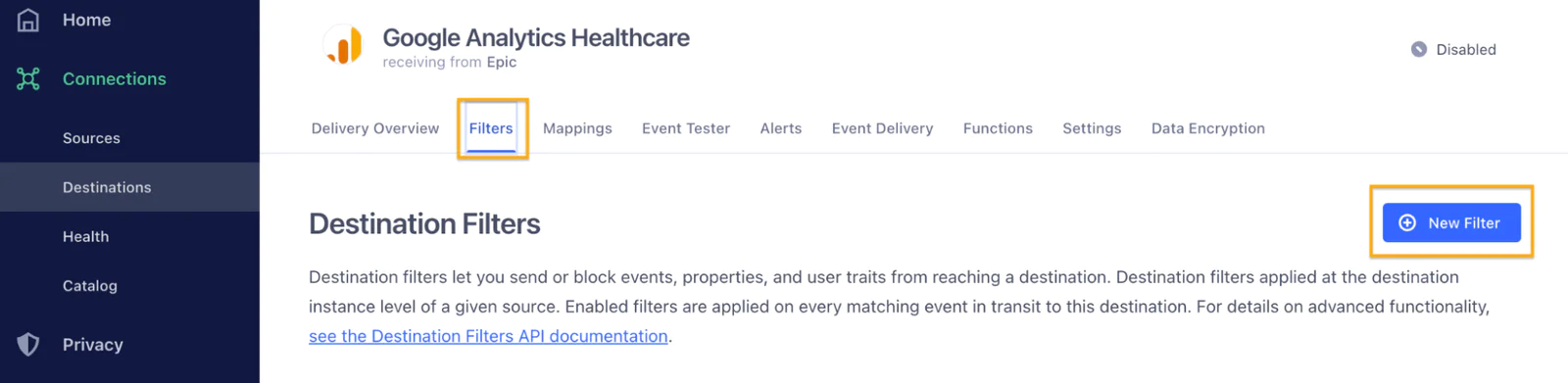 Screenshot of Google Analytics Healthcare platform showing Destination Filters with the option to create a new filter.