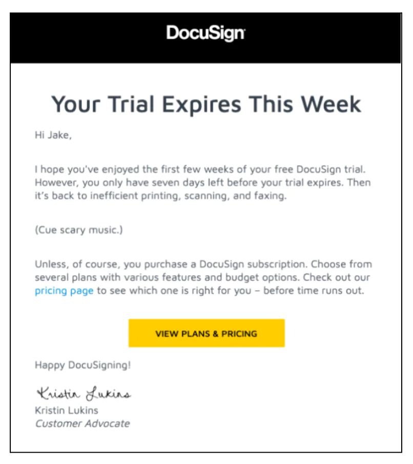 Screenshot of an email from DocuSign informing the user that their trial expires this week.