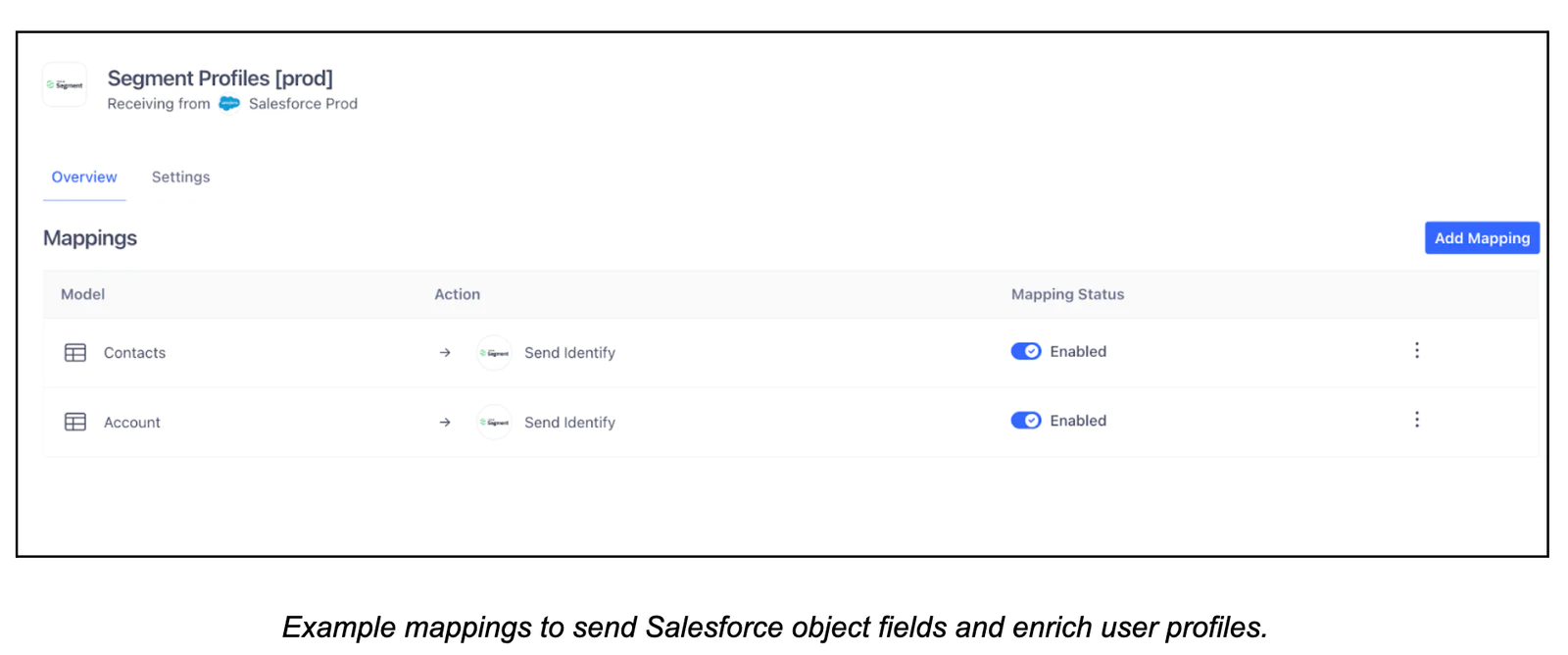 Interface showing segment profiles mappings with actions to send identity for contacts and accounts.