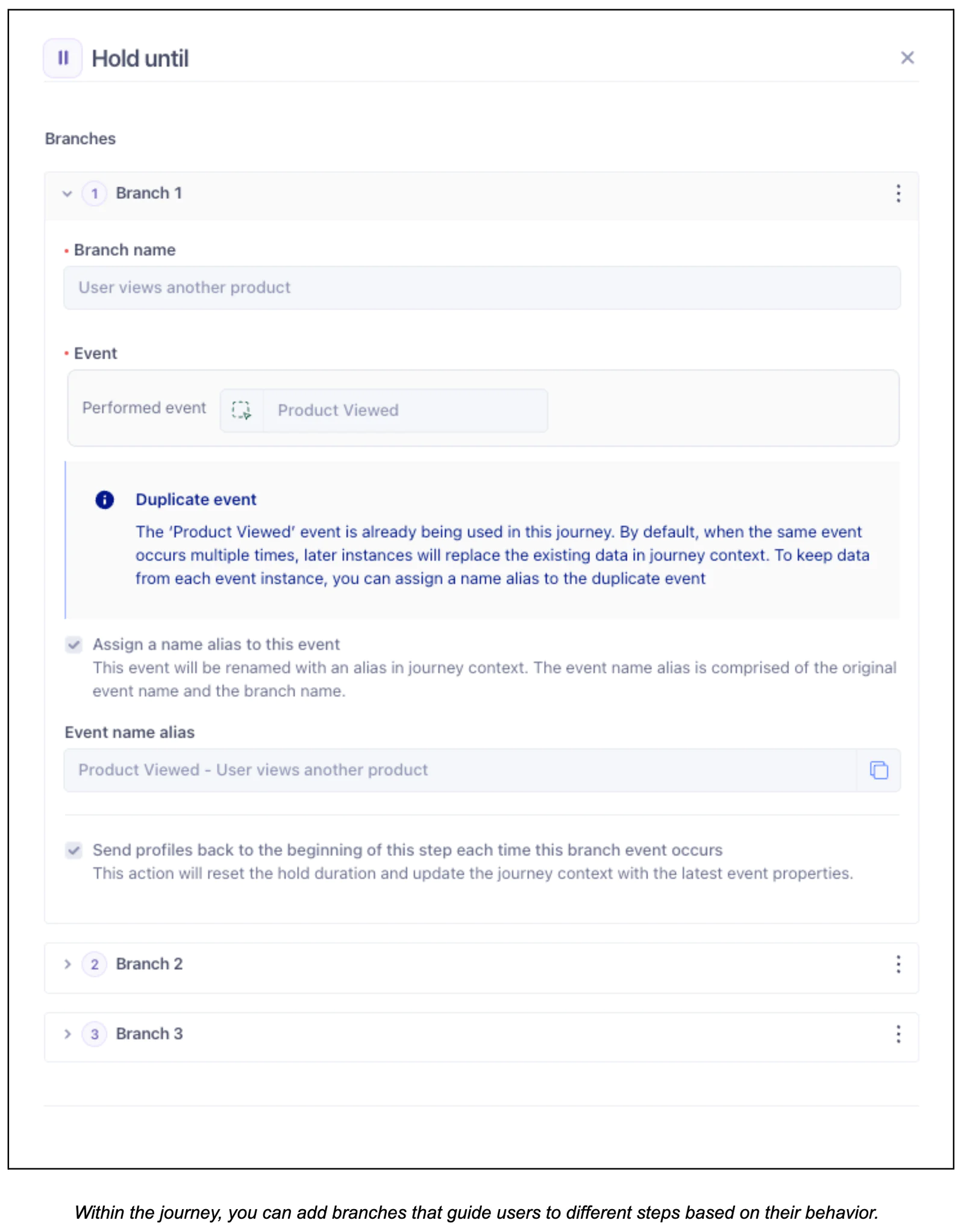 Interface showing branches in a workflow with options to add events and handle duplicate events.