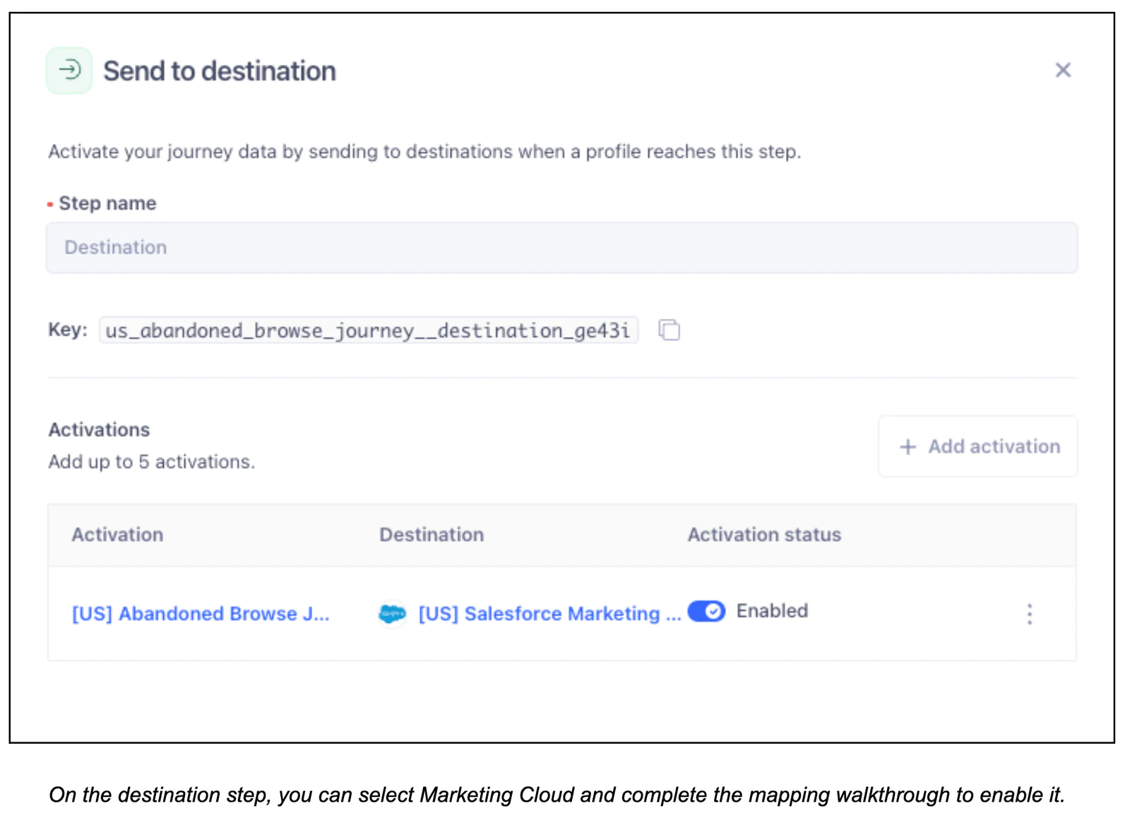 Send to destination settings with step name, destination key, and activations listed in Marketing Cloud.