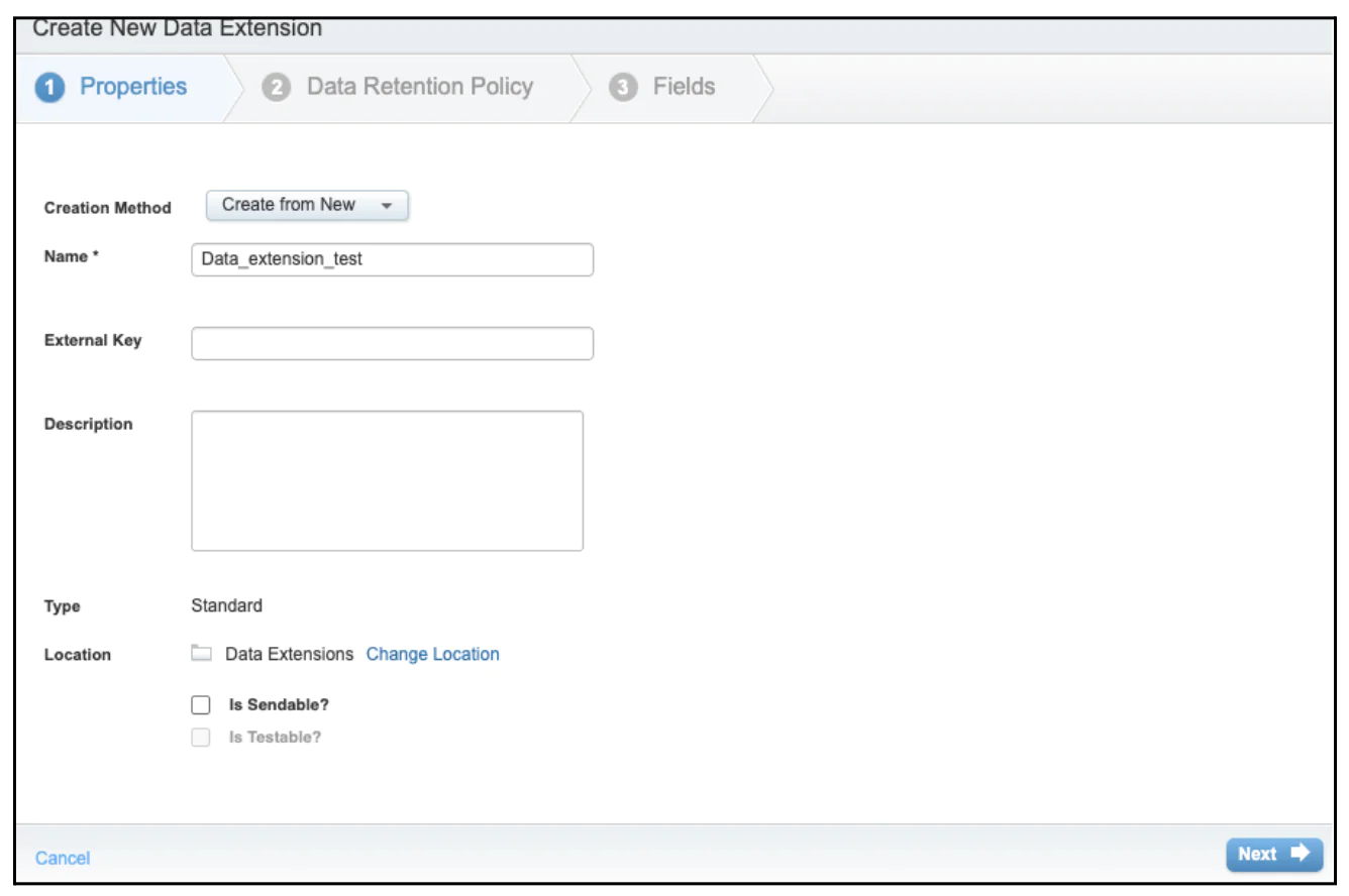 Form for creating a new data extension with fields for creation method, name, external key, and description.