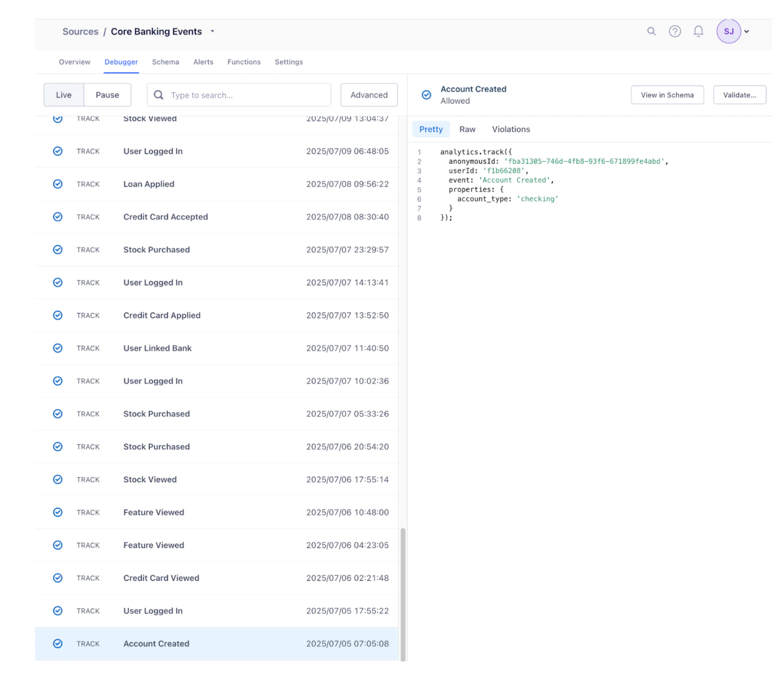 Screenshot displaying a series of core banking events and a JSON schema for an account creation event.