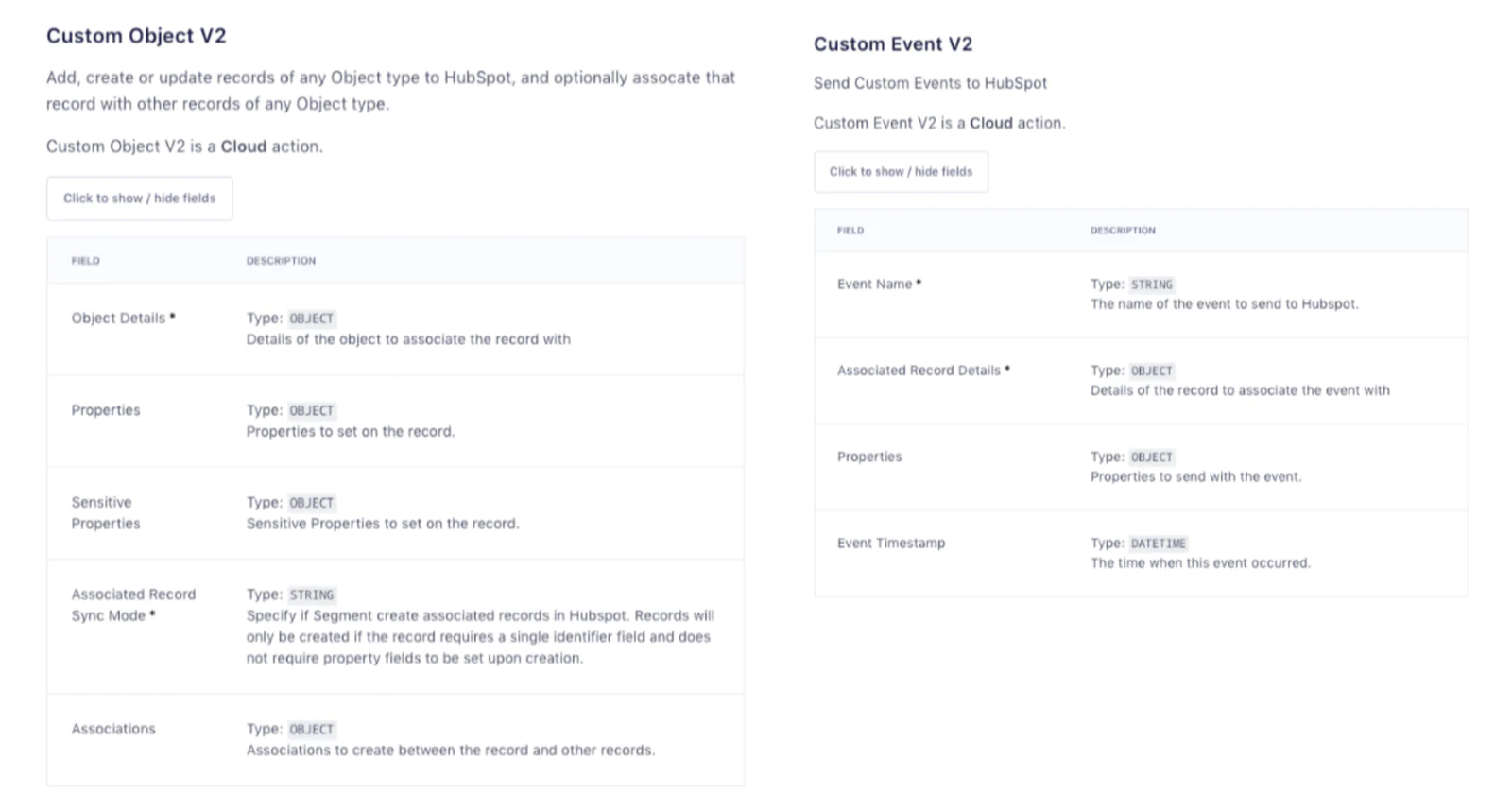 Image comparing the field details of Custom Object V2 and Custom Event V2 for HubSpot records.