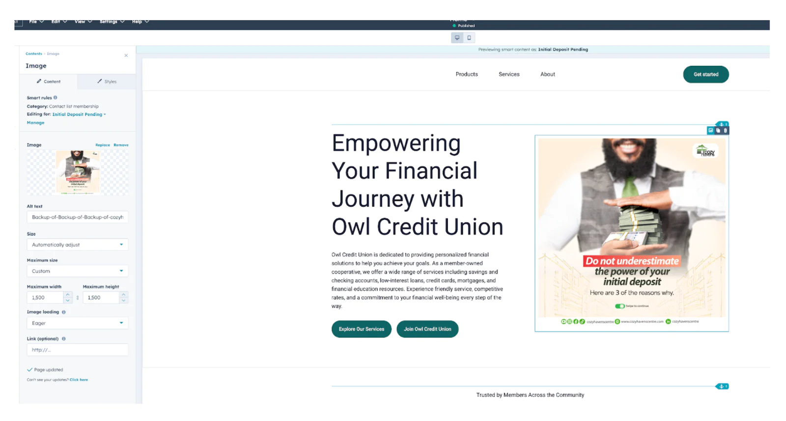 Promotional ad for Owl Credit Union emphasizing financial empowerment and initial deposit benefits.