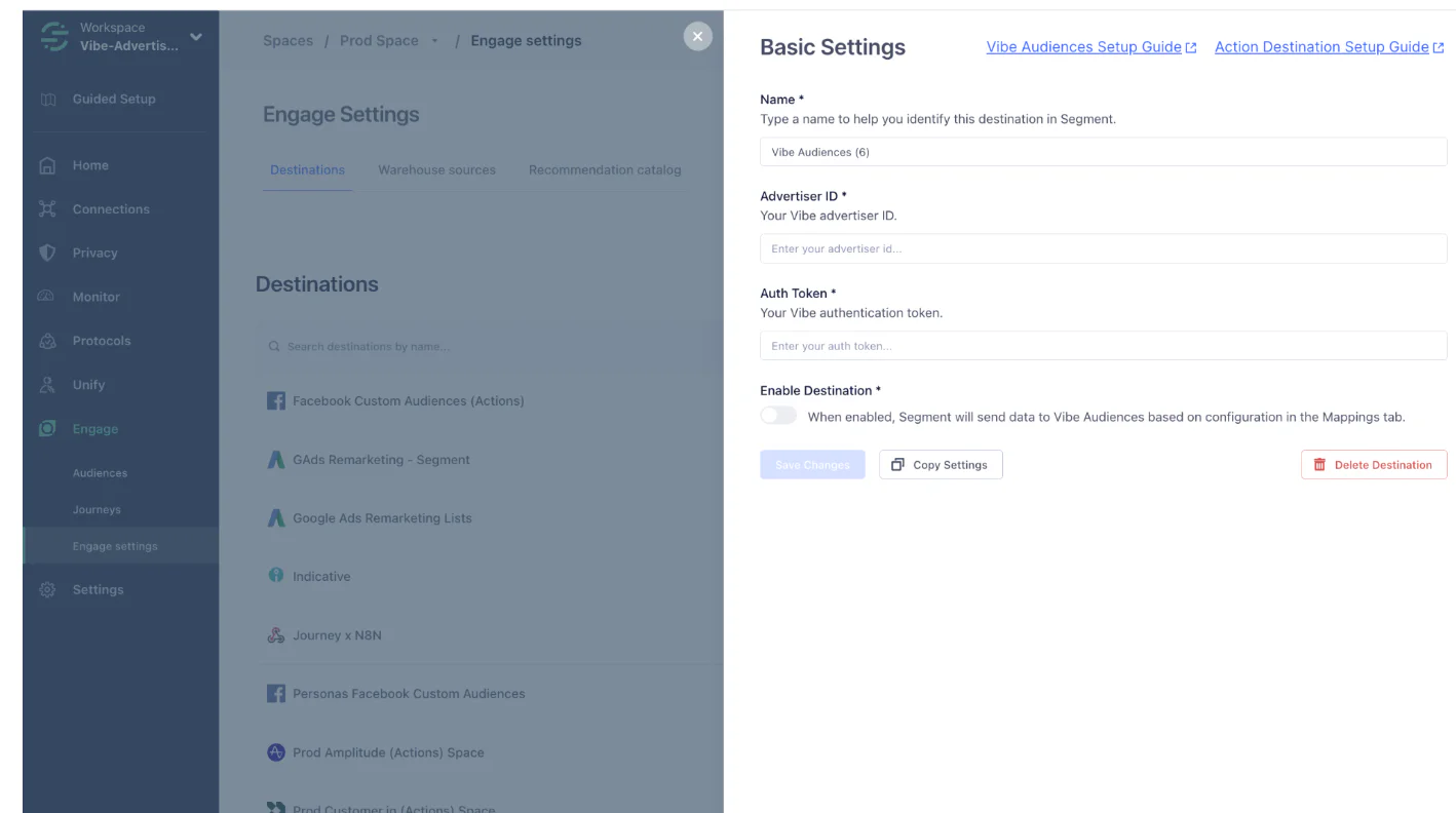 Segment user interface showing Engage Settings with options for adding destinations and basic settings configuration forms.
