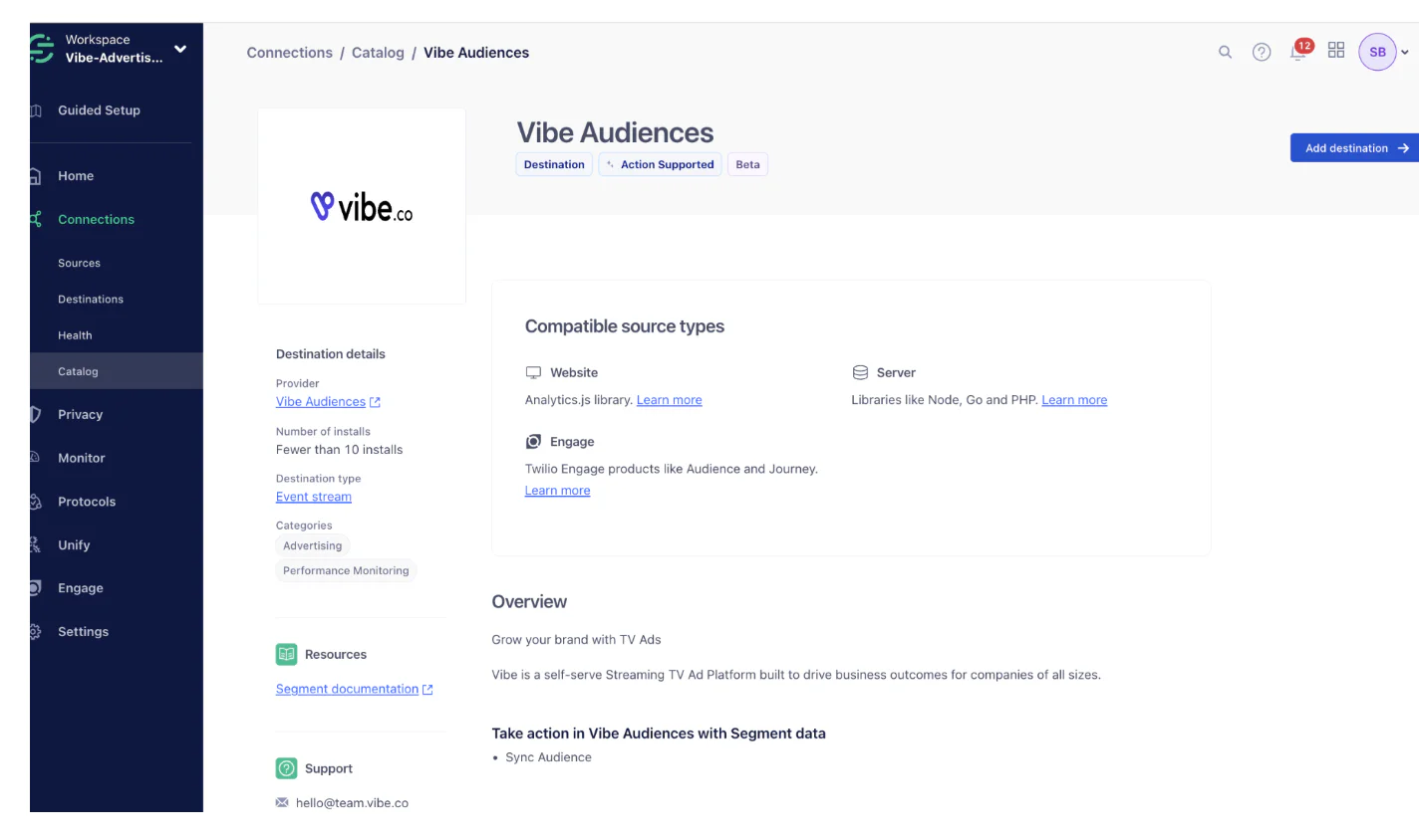 Vibe Audiences interface showing connection details and compatible source types for segment data.
