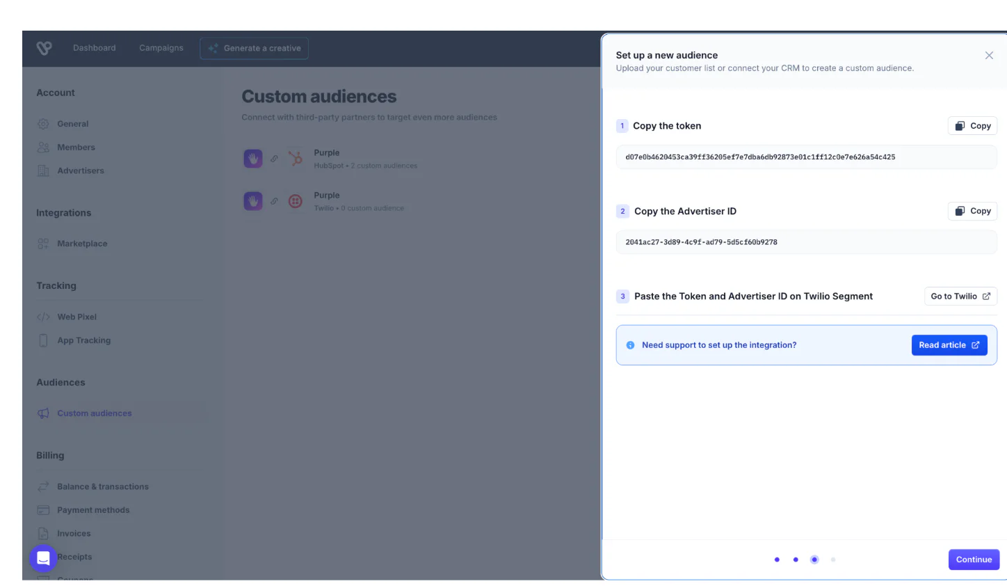 Dashboard view with custom audience setup instructions and fields for Token and Advertiser ID.