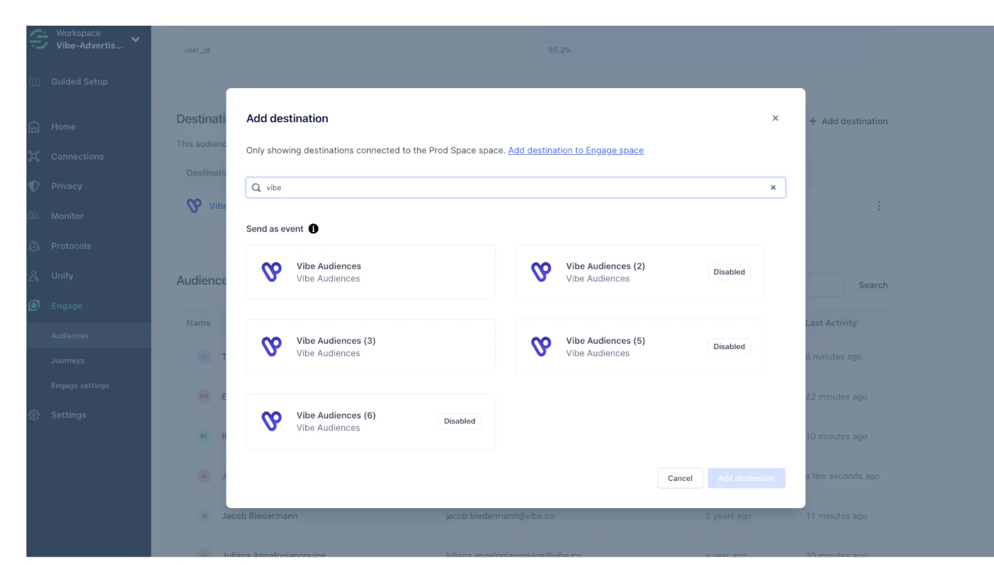 User interface for adding a destination in Vibe platform showing various destination options.