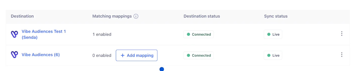 Interface showing destination status and sync status for Vibe Audiences in a mapping table.