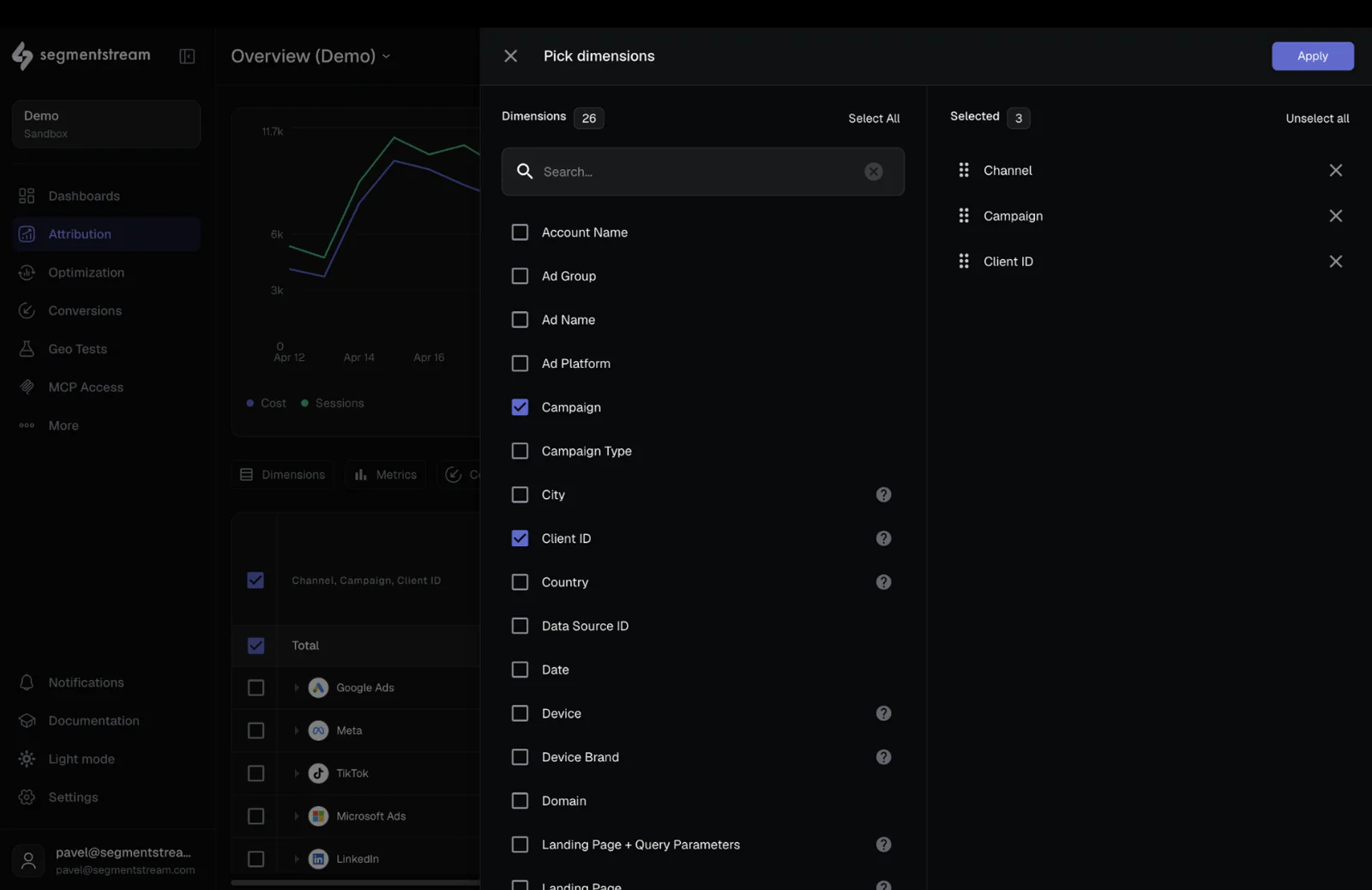 Screenshot of an analytical dashboard with a dimension selection panel showing various categories to choose from.