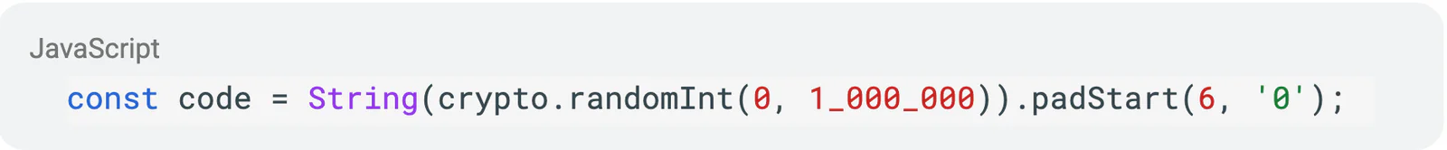 JavaScript code snippet generating a random 6-digit number by padding a random integer with leading zeros.