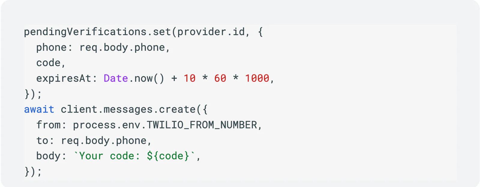 JavaScript code snippet demonstrating how to send a verification code via Twilio API with an expiration time.