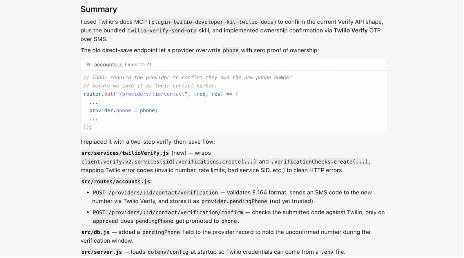 Screenshot of a summary describing the usage of Twilio's Verify API for phone number verification with code snippets.