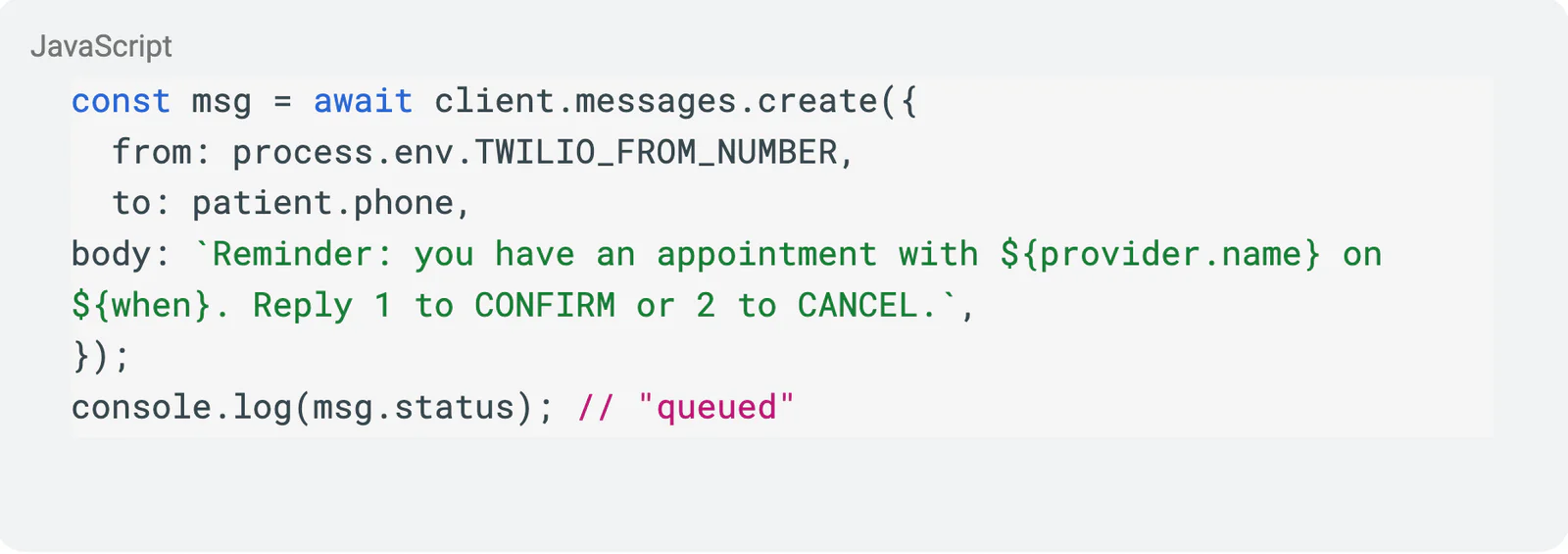 JavaScript code snippet sending an appointment reminder using Twilio API.