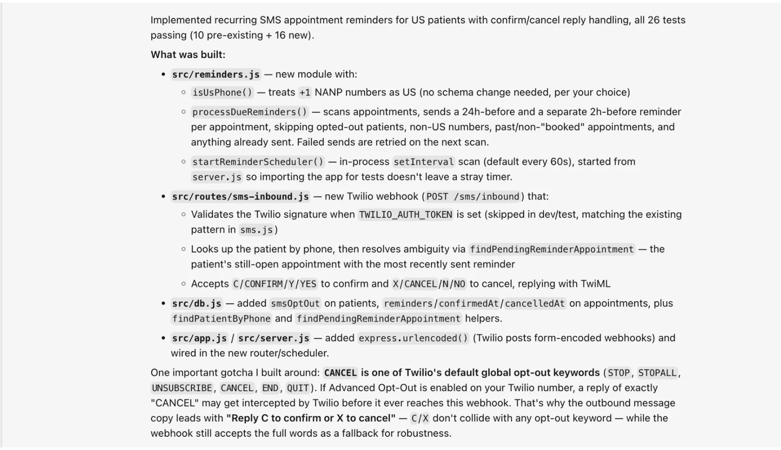 Image with details on implementing SMS appointment reminders for US patients using Twilio services.