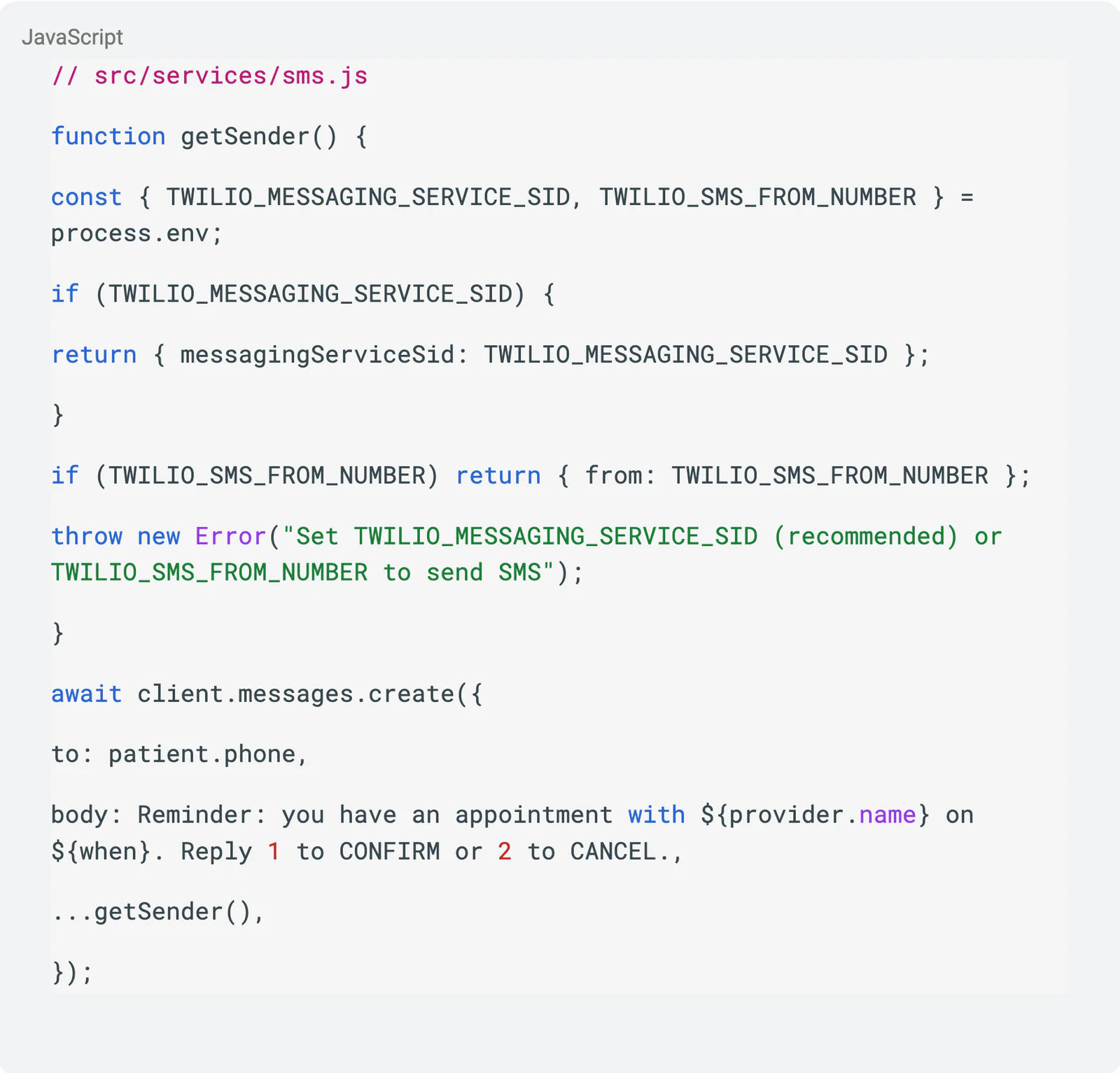 JavaScript code configuring SMS sender using Twilio with error handling and async function for message creation.