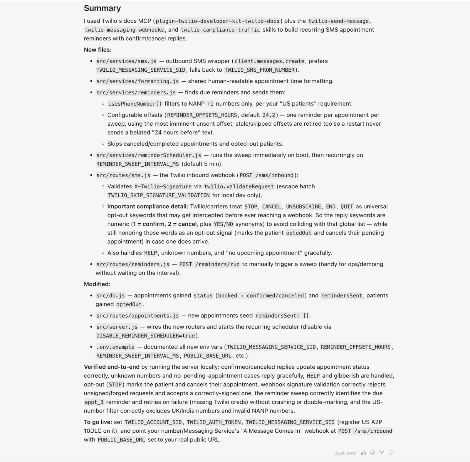 Detailed documentation on Twilio’s MCP update, API services, and recurring SMS appointment reminders system.