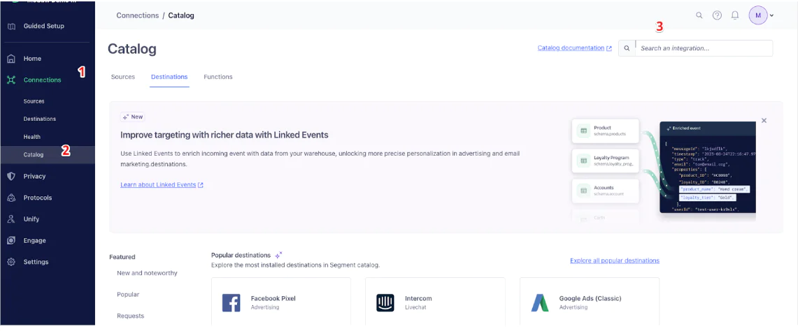 Screenshot of the Segment Connections catalog page showing destinations for Linked Events.