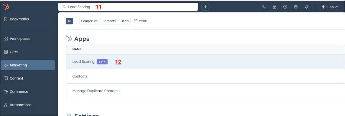 Screenshot of a marketing dashboard featuring the Lead Scoring app in beta and navigation options.