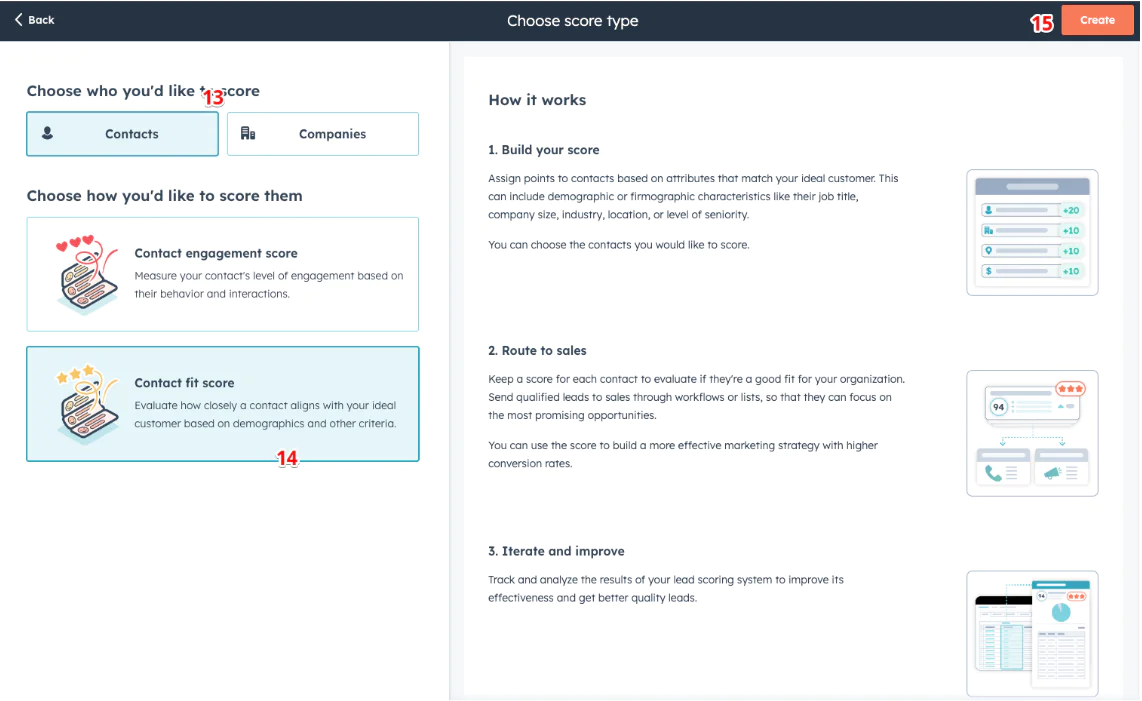 CRM interface for choosing contact or company scores and detailed guide on how it works with three main steps.