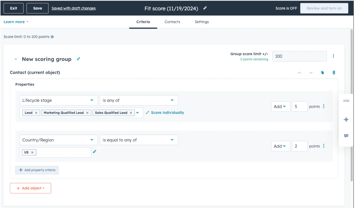HubSpot scoring criteria configuration interface showing lifecycle stage and country/region rules.
