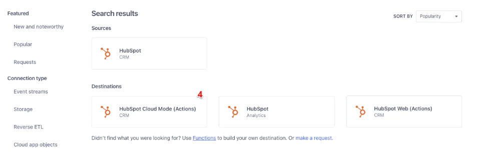 Screenshot of search results showing HubSpot CRM as a source and various HubSpot destinations.