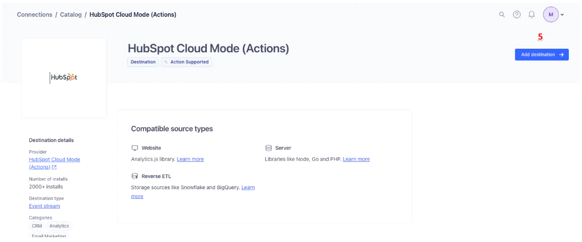 HubSpot Cloud Mode destination setup screen with options for compatible source types.