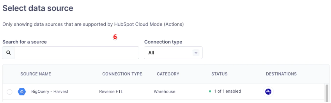 Interface showing data source selection with BigQuery enabled in HubSpot Cloud Mode