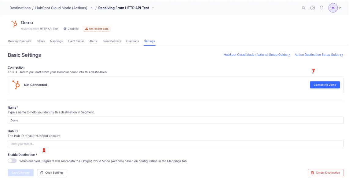 Screenshot of HubSpot Cloud Mode settings page showing basic settings and connection status for an API test.