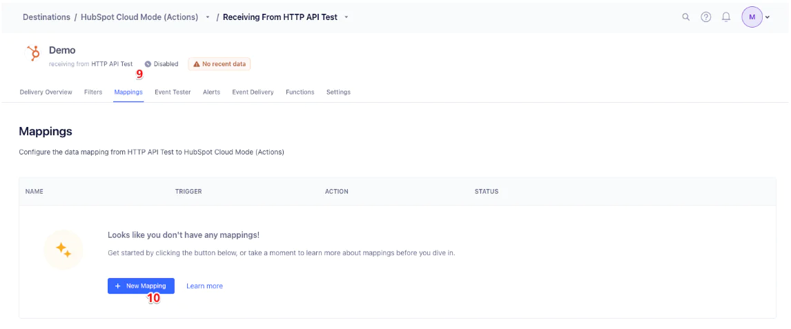 HubSpot Cloud Mode Mappings screen showing no mappings with options to add new mappings and related details.