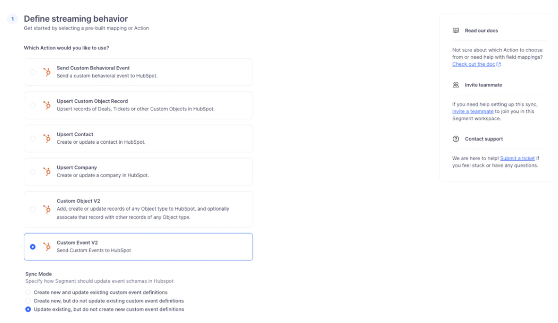 HubSpot UI for defining streaming behavior and selecting action during integration setup