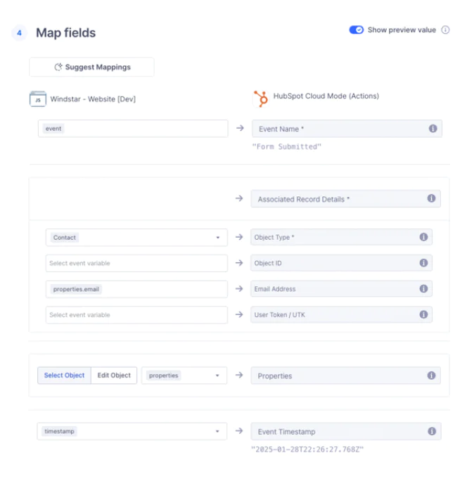 Screenshot of HubSpot field mapping with event and contact properties configuration.