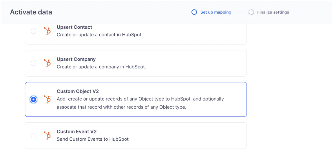 Screenshot of data activation options in HubSpot, highlighting various creation and update tasks.