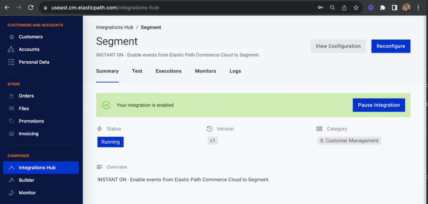 Banner indicating that integration is enabled and running