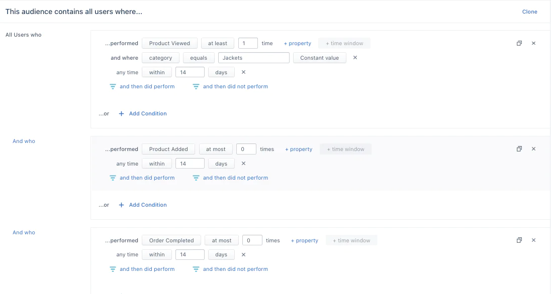 Example of funnel-based audience in Segment