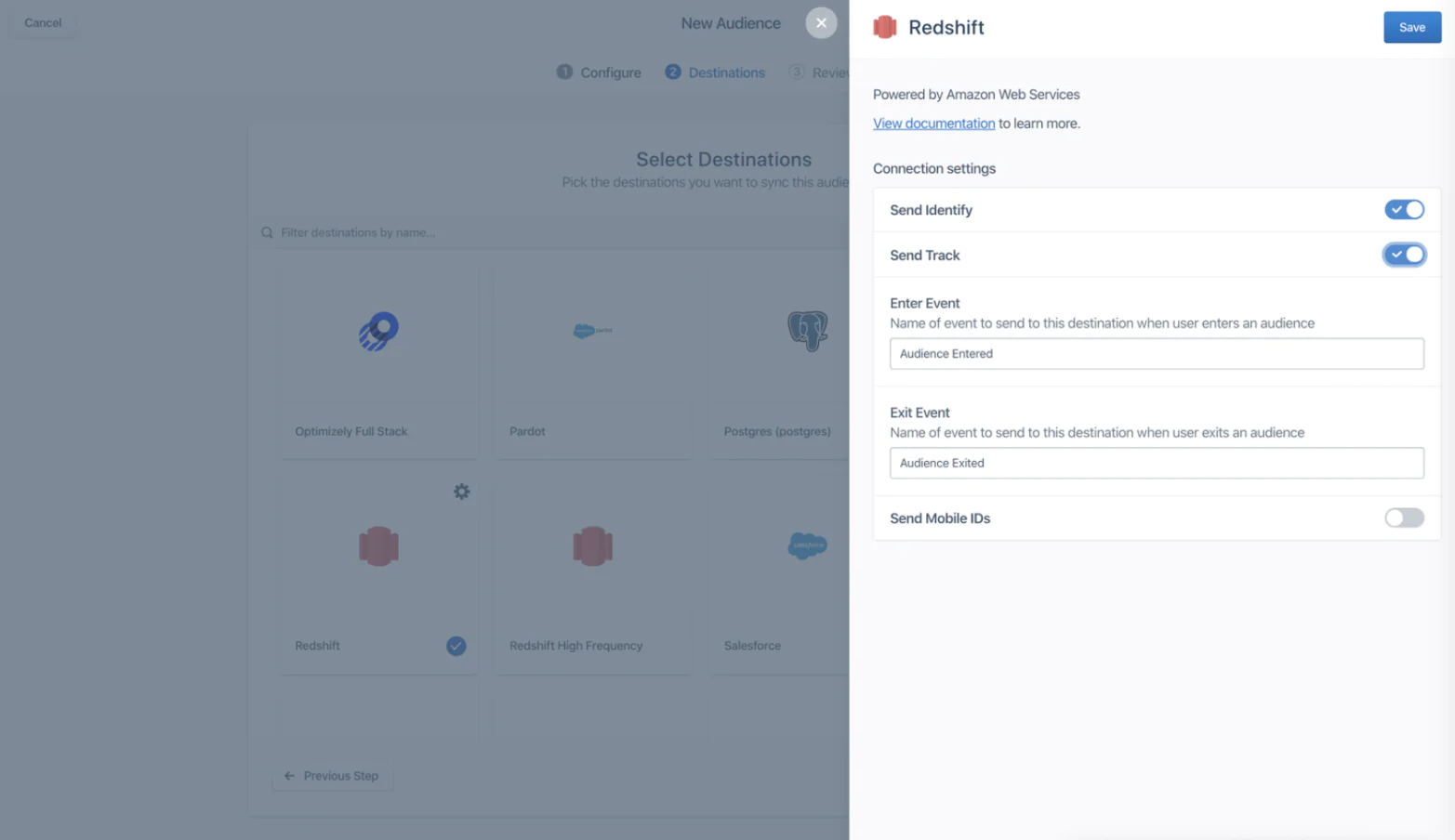 Screenshot of a “New Audience” setup screen showing the Destinations step. The Redshift destination panel is open on the right with toggles for “Send Identify” and “Send Track” enabled, text fields for “Enter Event” (Audience Entered) and “Exit Event” (Audience Exited), and a disabled toggle for “Send Mobile IDs.”