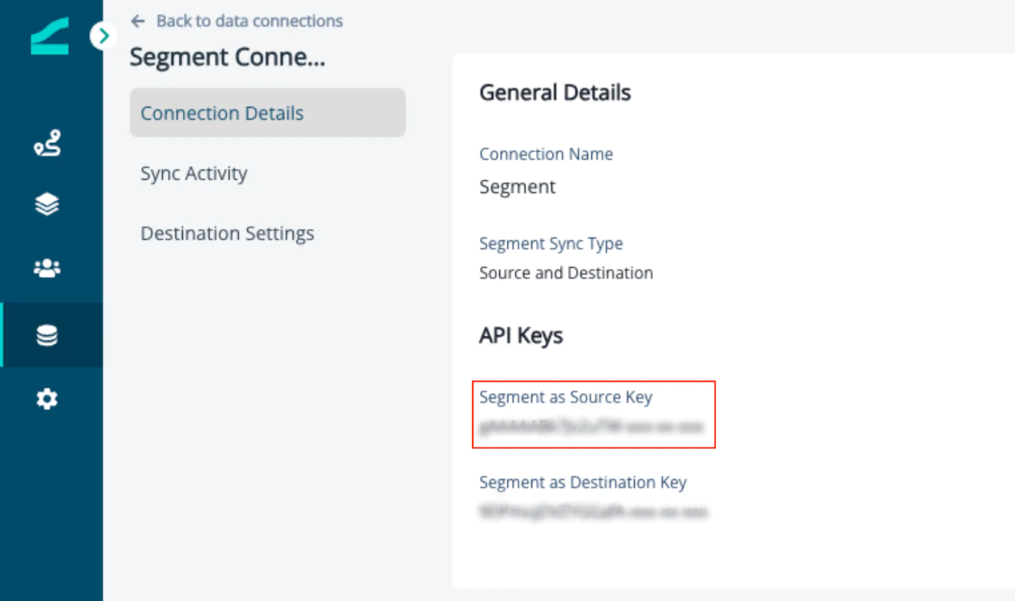 Screenshot of a “Segment Connection Details” page showing general details for a Segment data connection and blurred API keys, with “Segment as Source Key” highlighted.