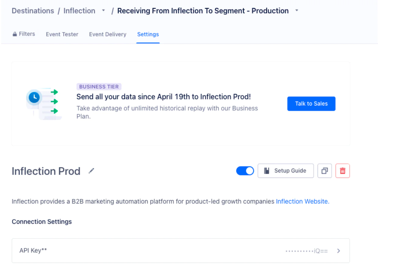 Twilio Segment destination settings screen for “Inflection Prod,” showing a production connection “Receiving From Inflection to Twilio Segment” with an enabled toggle, Setup Guide button, marketing banner, and a masked API key field.
