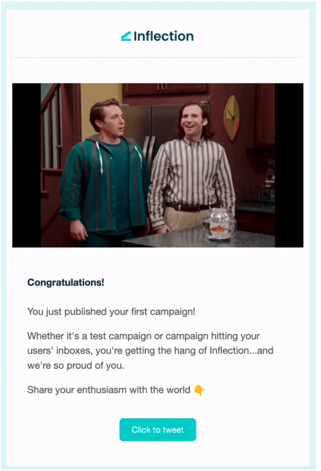 Email notification with a celebratory GIF and message saying “Congratulations, you just published your first campaign!” plus a “Click to tweet” button to share the achievement.