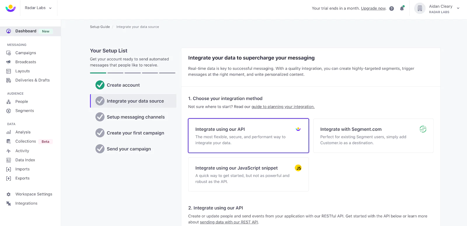 Configuring Customer.io as a Segment destination.