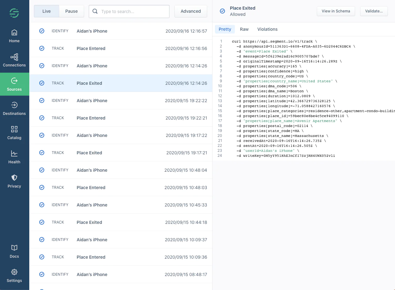Segment event debugger showing Radar events.