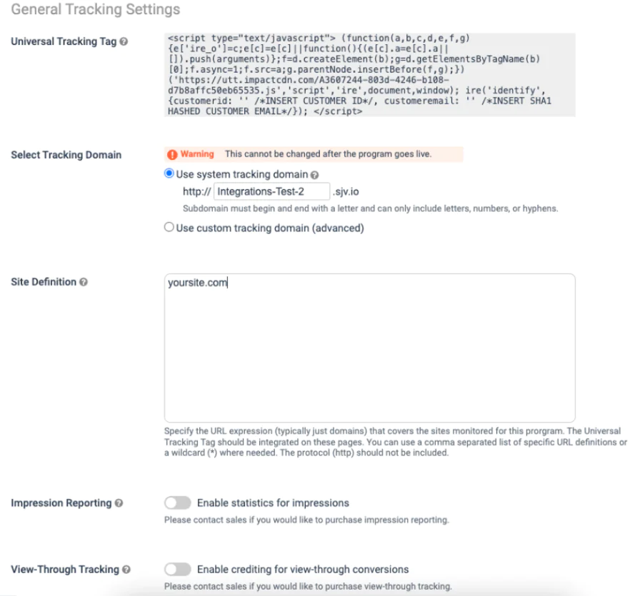 Tracking settings and event types on impact.com