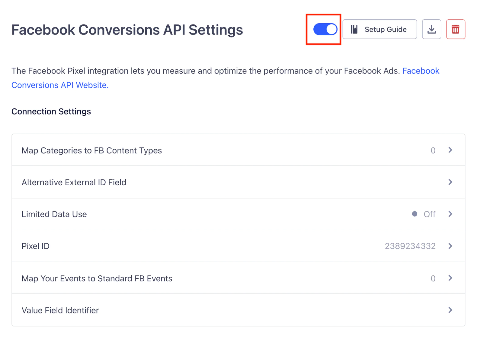 Facebook CAPI Destination Settings