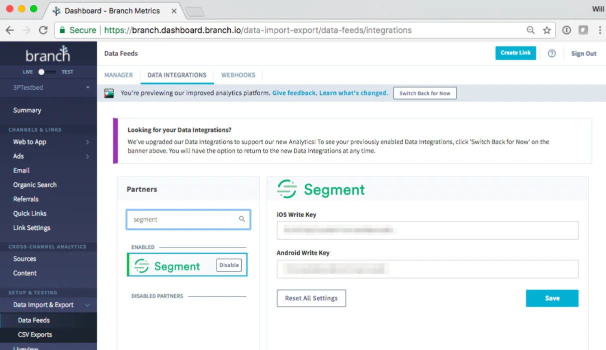 Steps for enabling Segment integration in Branch.