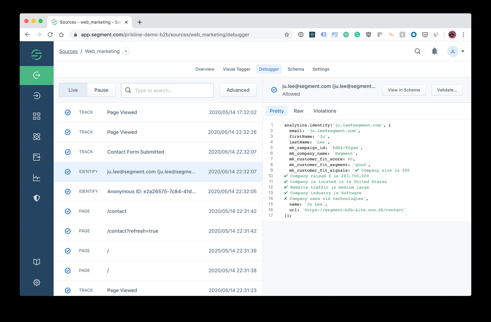 User profile in Segment personas UI