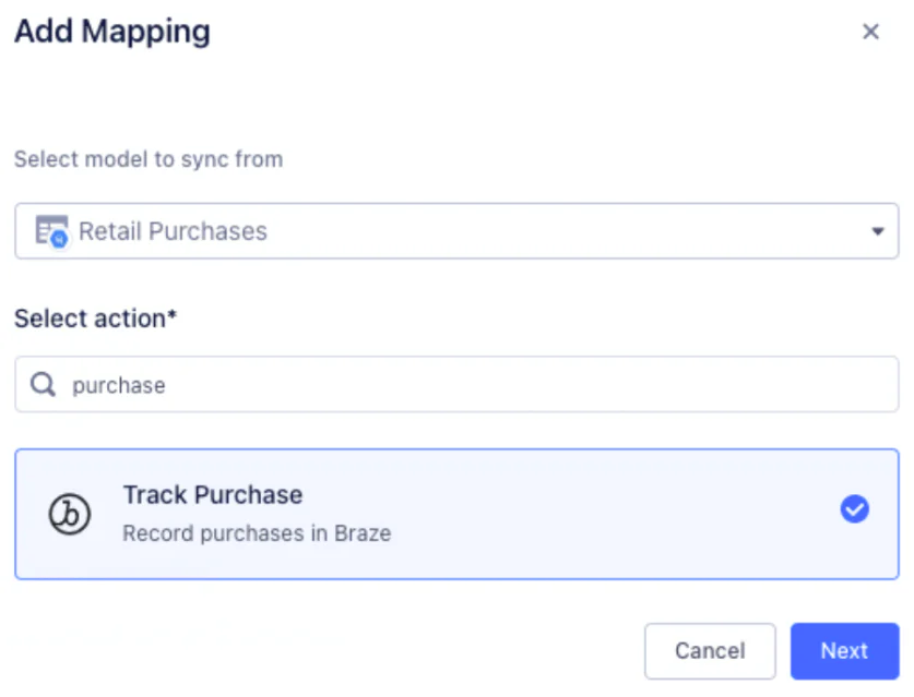 Select your model at the top, and then select the Track Purchase mapping