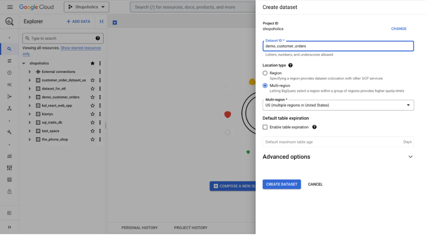 Create a new BigQuery dataset, with the data location also in the US