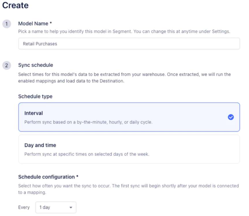 Name your model, and configure the sync schedule to run hourly or at set times